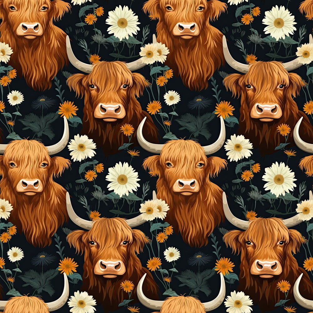 Floral Highland Cows Pattern #2 Fabric