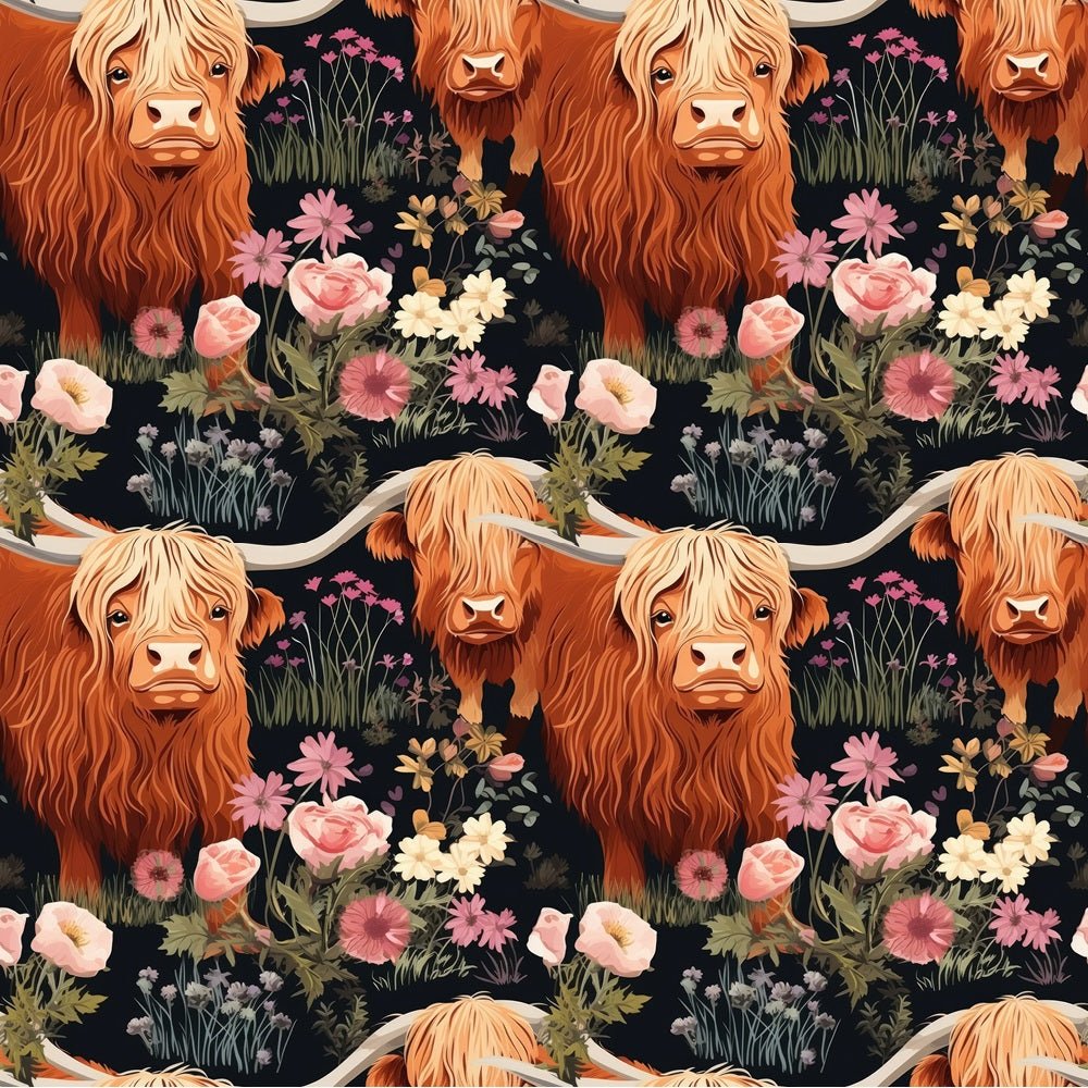 Floral Cowhide Pattern Floral Highland Cows Pattern #6 Fabric