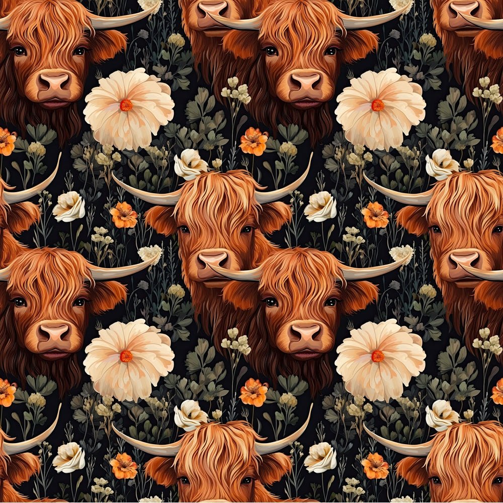 Floral Highland Cows Pattern #8 Fabric
