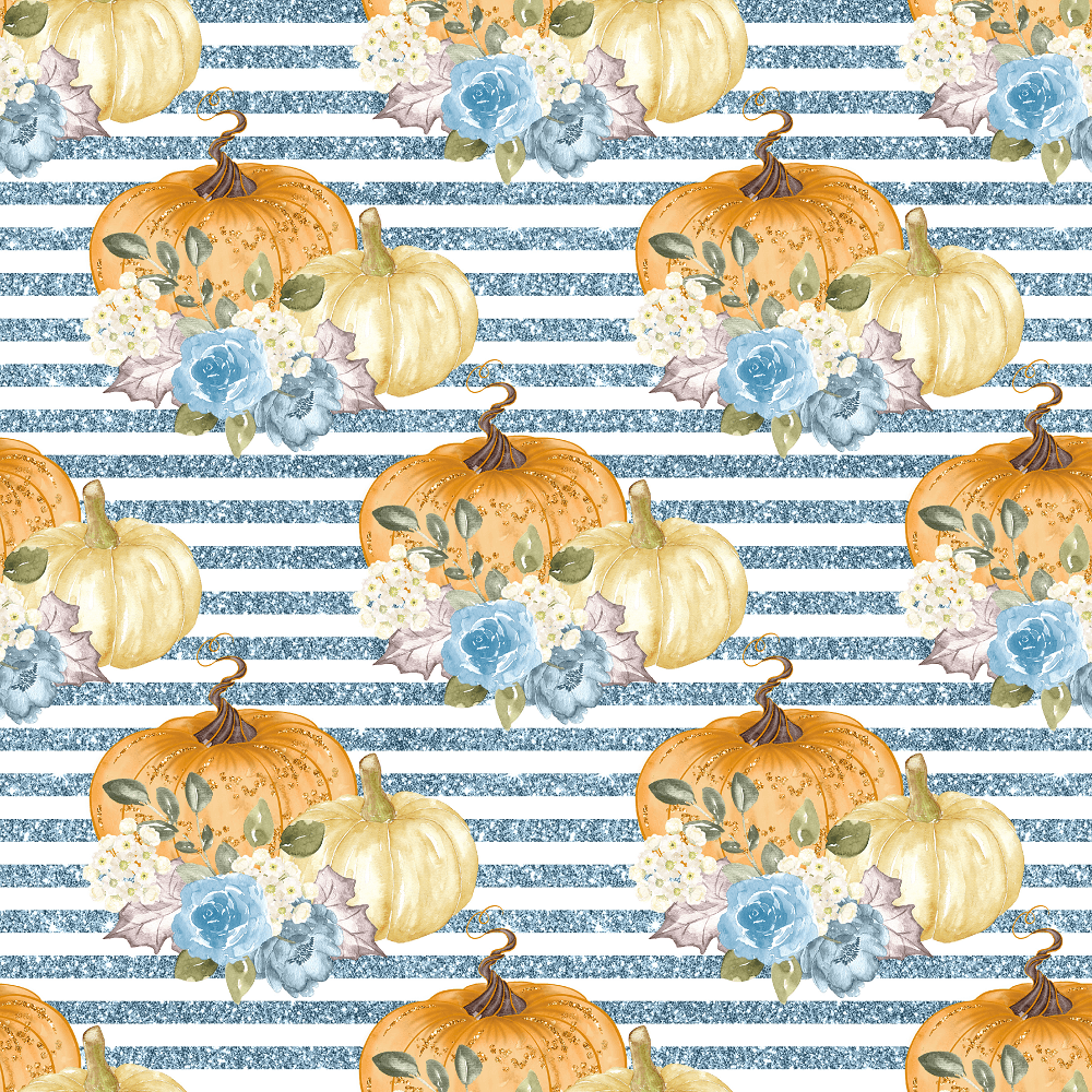 Floral Pumpkins & Stripes Fabric - Blue
