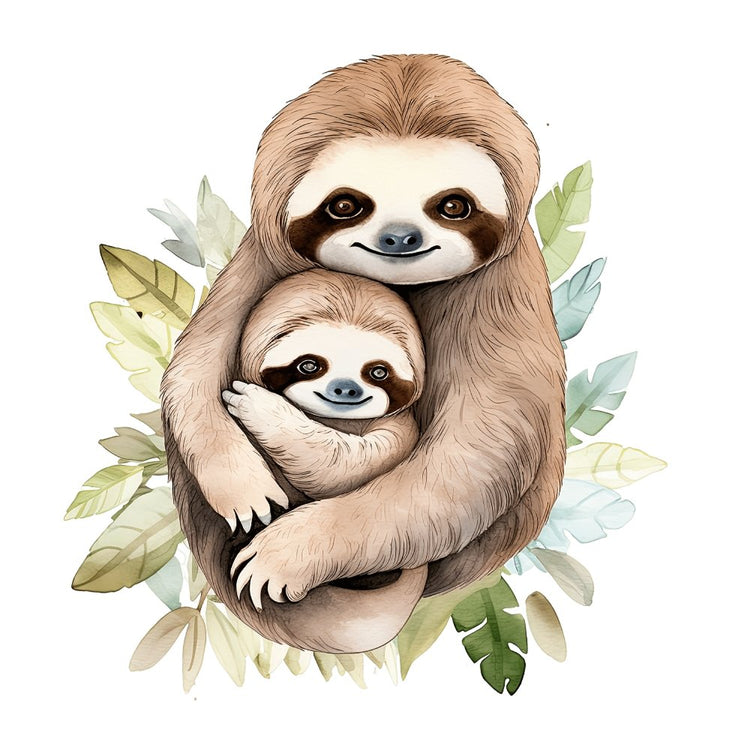 Hand Drawn Sloths Mom Baby #1 Fabric Panel - Main Image