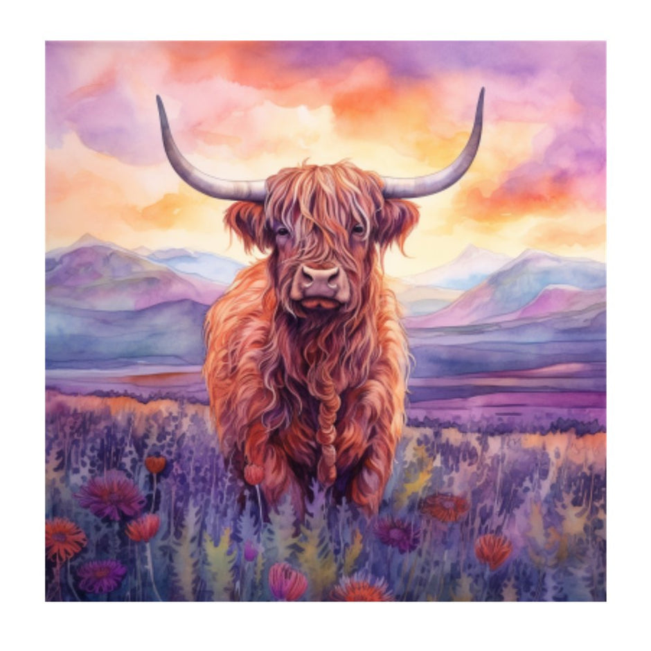 Highland Cow & Sunset Portrait #1 Fabric Panel