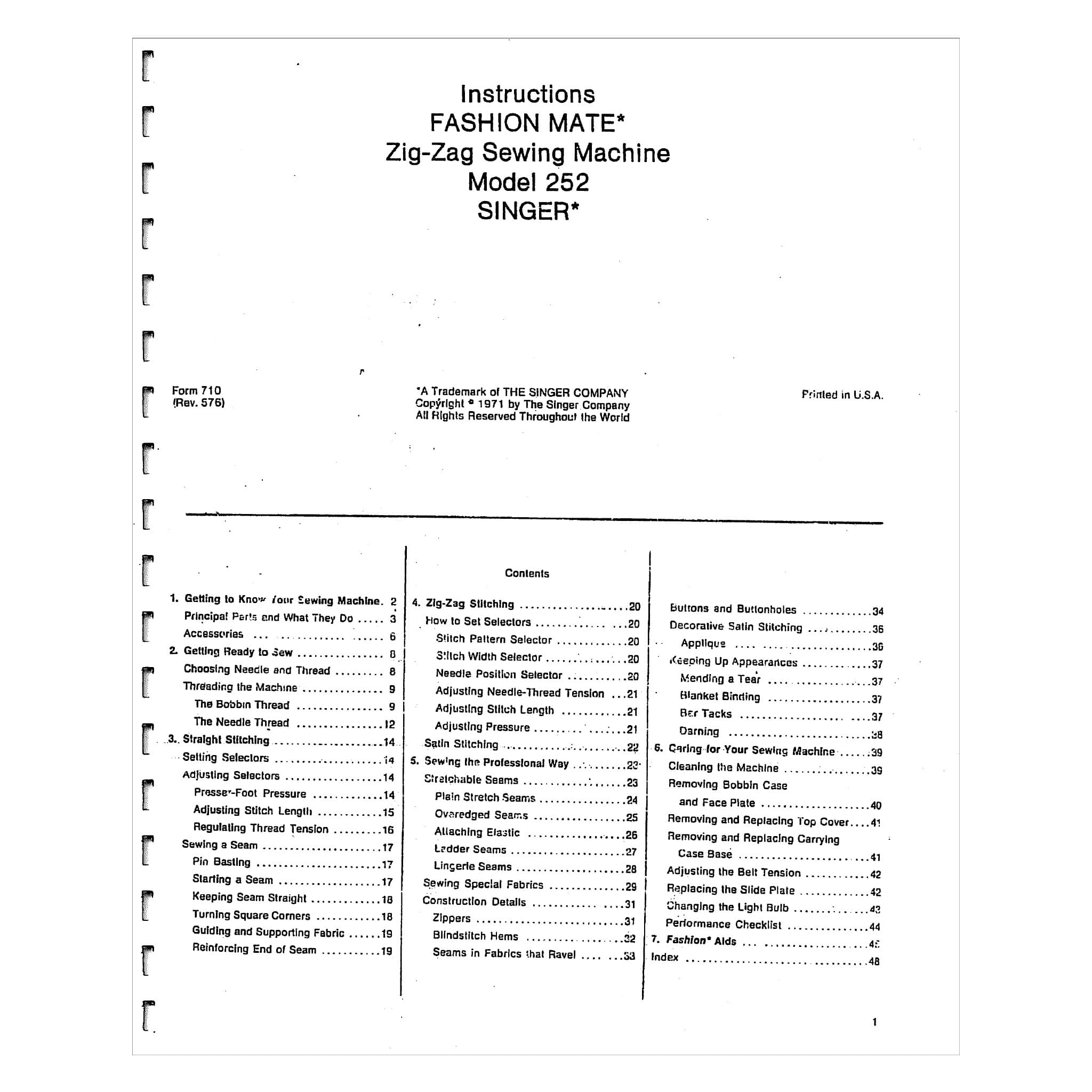 Singer Fashion Mate 252 Instruction Manual