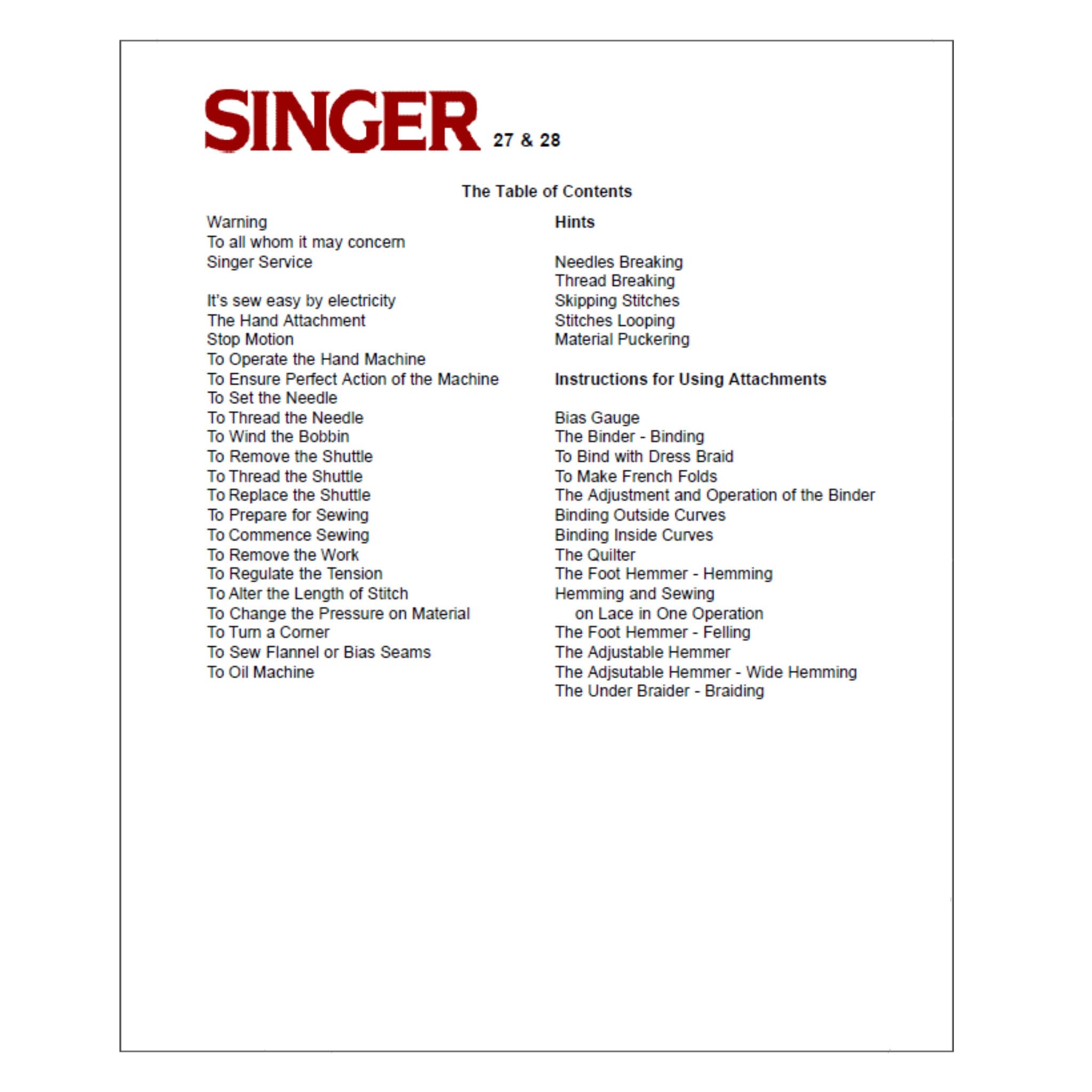Singer 27 Instruction Manual