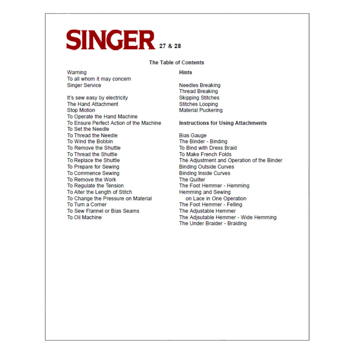 Singer 28 Instruction Manual