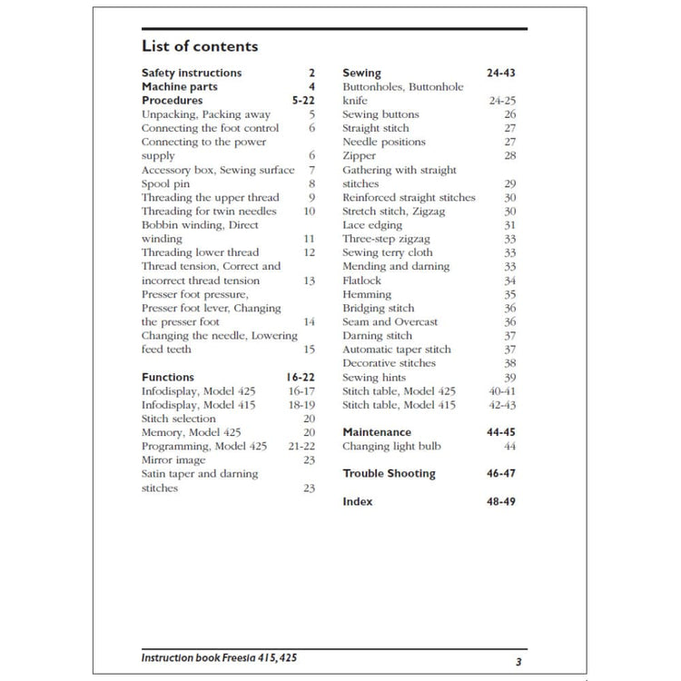 Husqvarna Viking sewing machine parts diagram Freesia 415