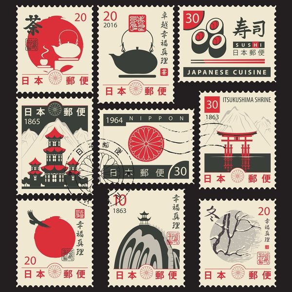 Japanese Symbols Postage Stamp Fabric Panel Variation 2