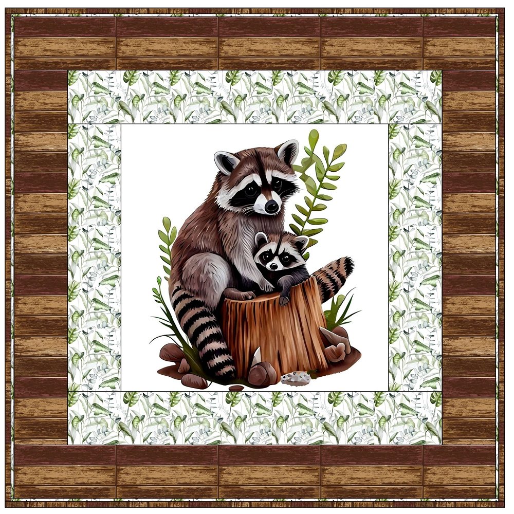 Mom and Baby Raccoon Sitting on a Stump Wall Hanging 42" x 42"