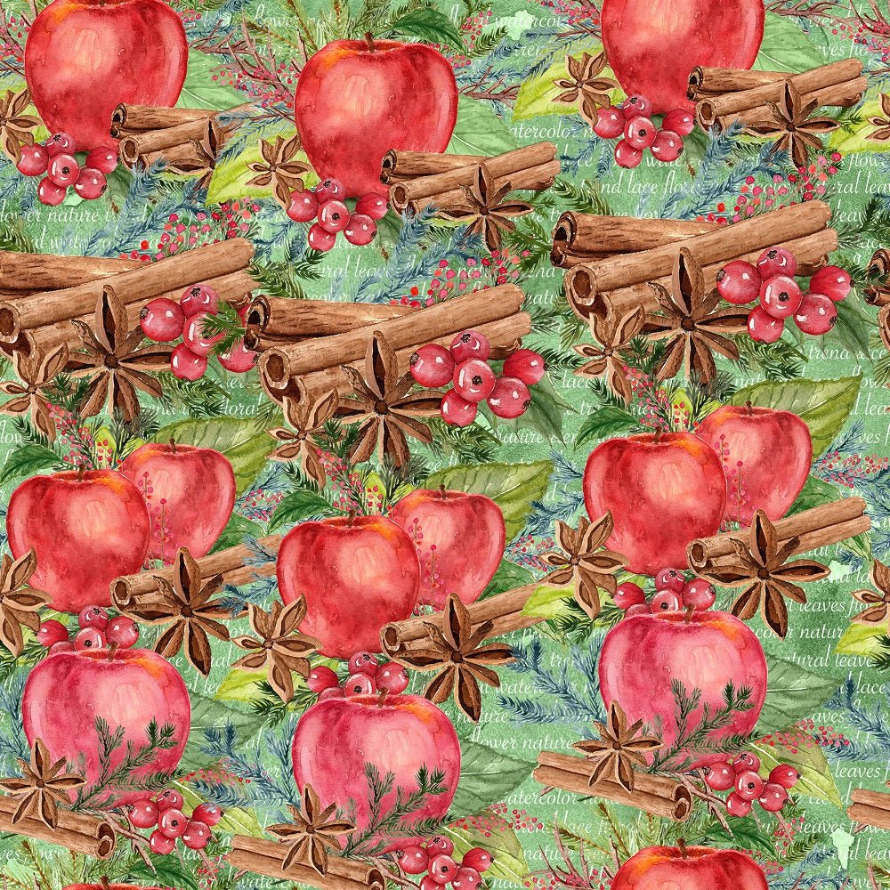Packed Apple Cinnamon On Grunge Words Fabric - Green