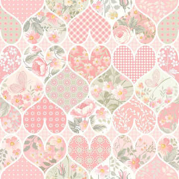 Patchwork Hearts with Flowers Fabric - Pastel