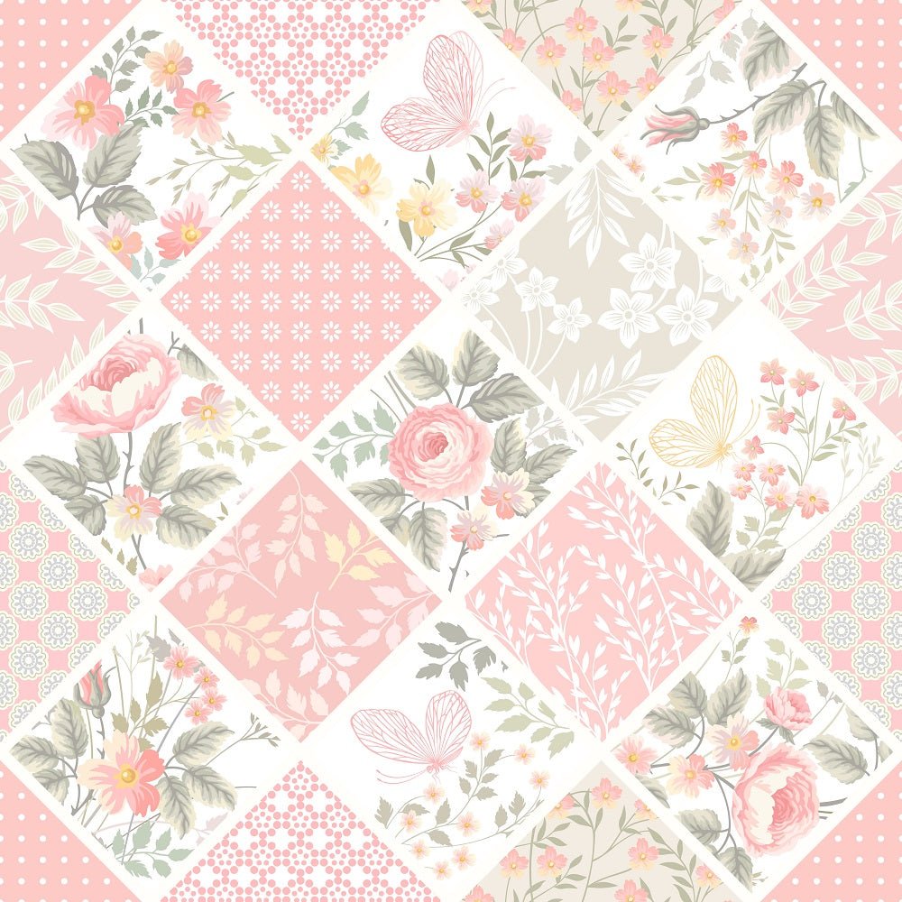 Patchwork with Roses and Butterflies Fabric - Pastel