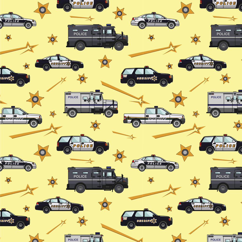 Police Car Pattern Police Badge and Police Vehicles Fabric - Yellow
