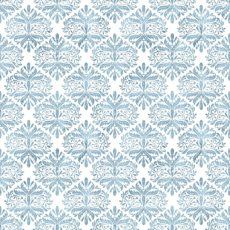 Powder Blue Damask on White Fabric