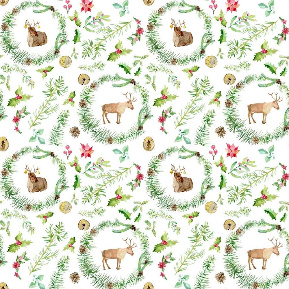 Reindeer Wreath & Elements Fabric - White