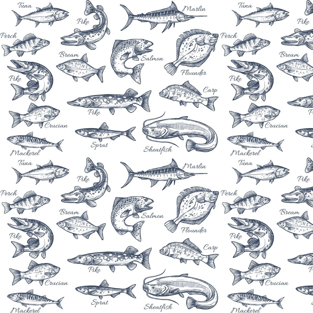 Steched Fish Sketched Fresh & Salt Water Fish Fabric