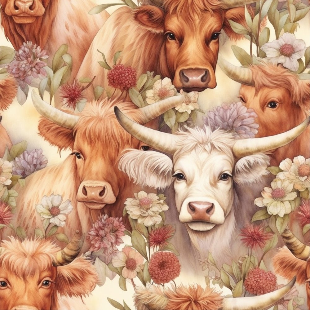 Springtime Highland Cows Pattern #12 Fabric