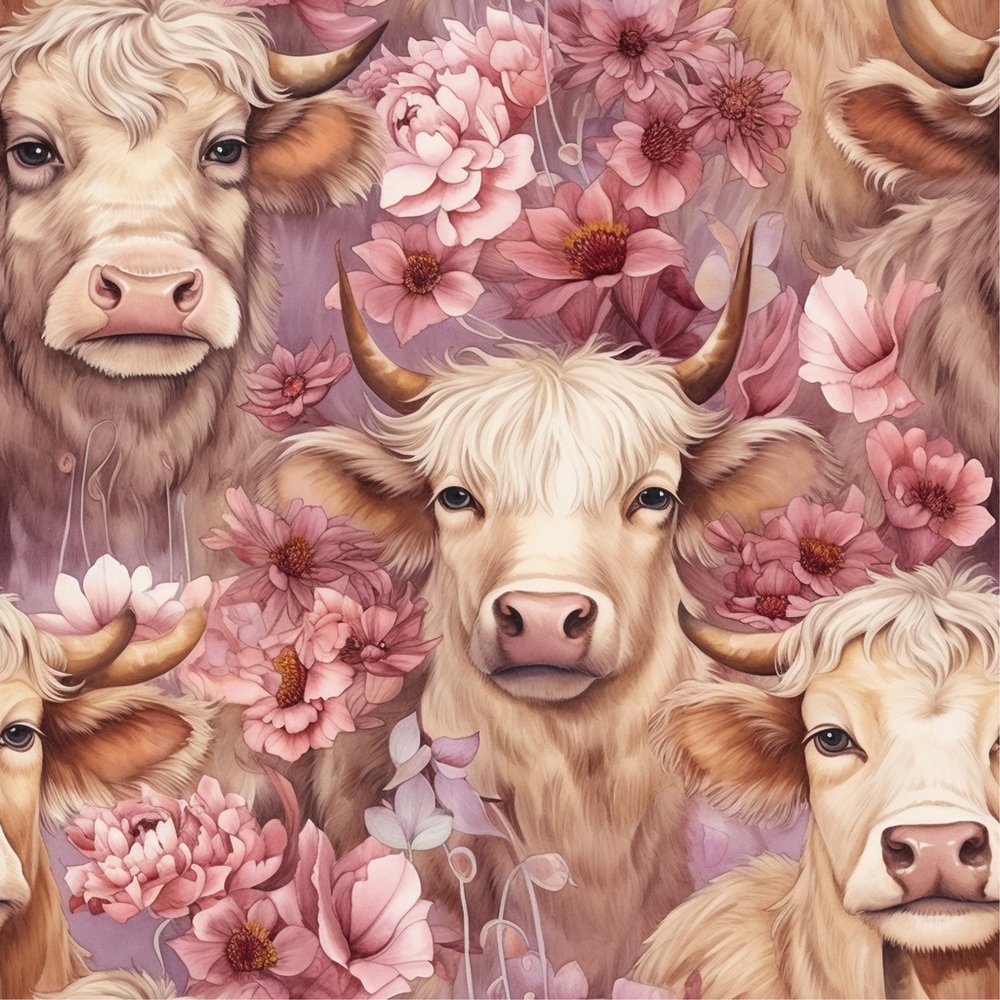 Springtime Highland Cows Pattern #13 Fabric