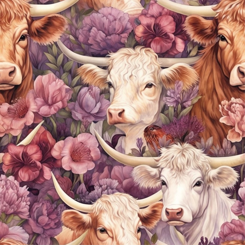 Springtime Highland Cows Pattern #14 Fabric
