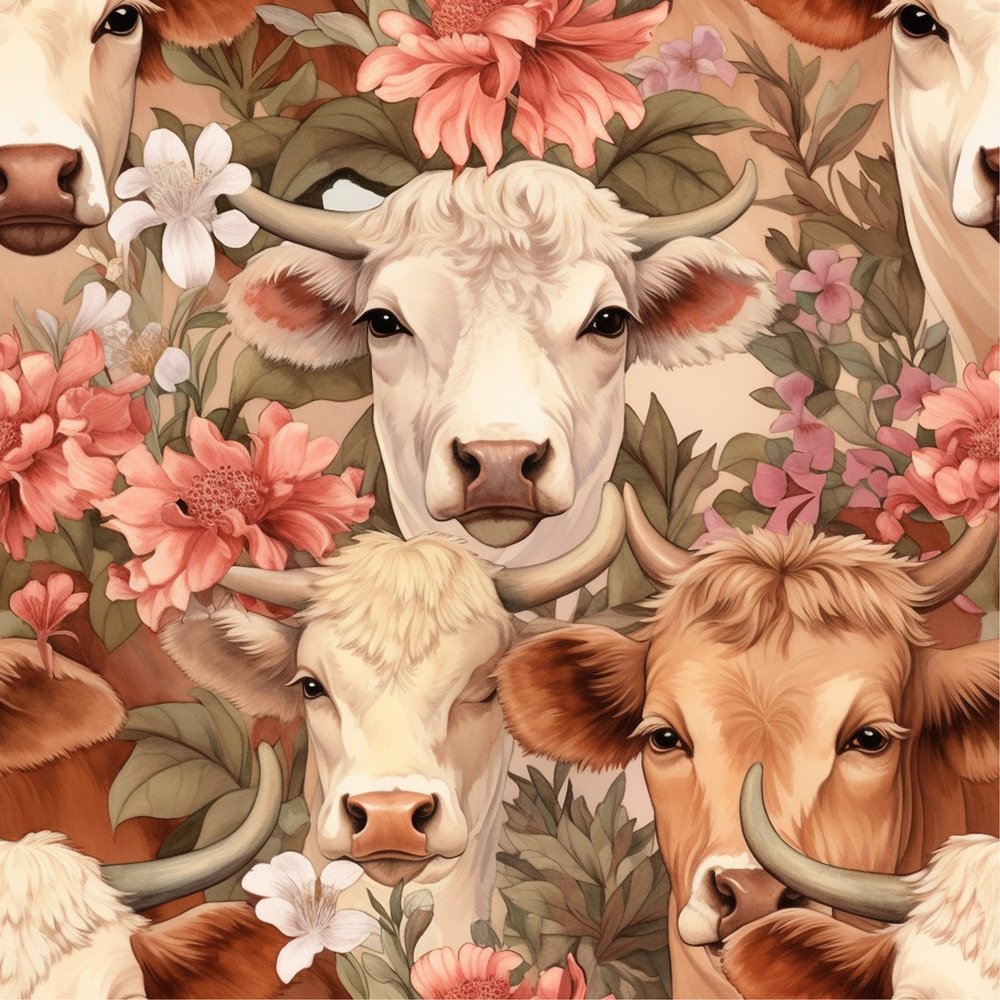 Springtime Highland Cows Pattern #15 Fabric