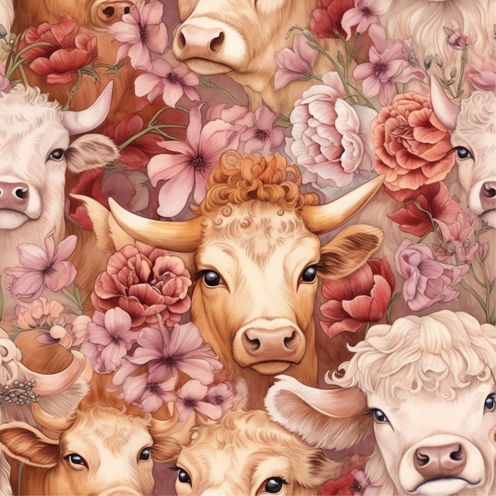 Cow Pattern Rabbit Springtime Highland Cows Pattern #4 Fabric