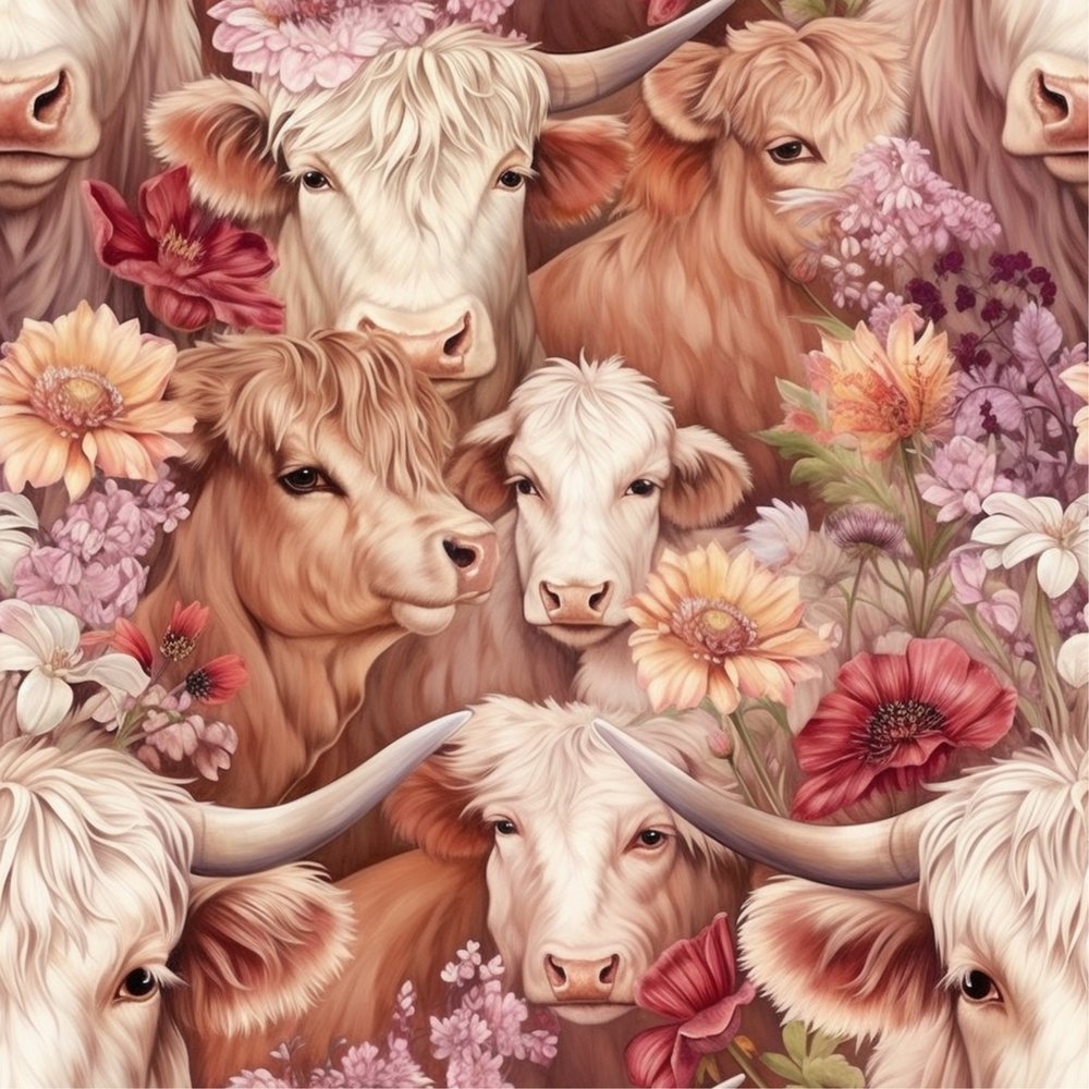 Cow Pattern Types Springtime Highland Cows Pattern #7 Fabric