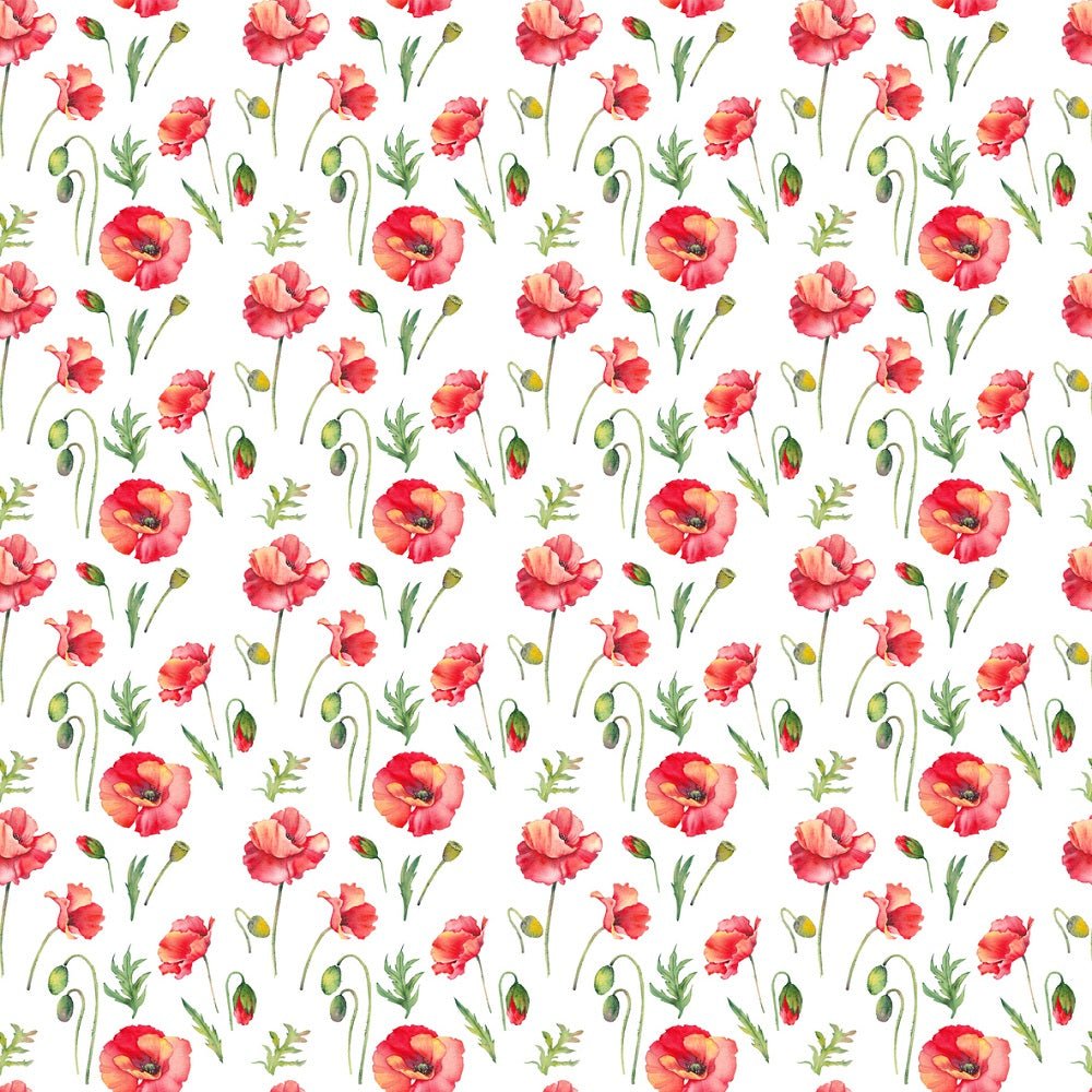 Red Flowy Pattern Tropical Red Poppy Flowers and Buds Fabric