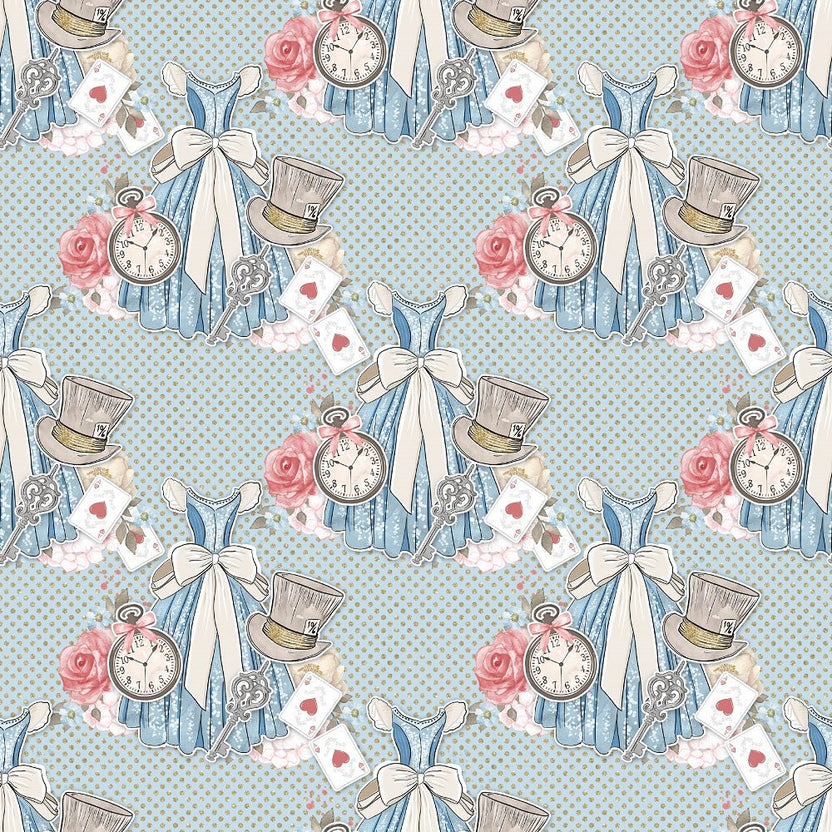 Watercolor Alice in Wonderland Pattern #8 Fabric
