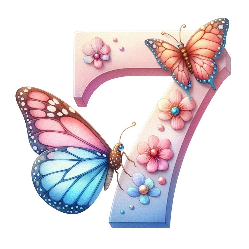 7 Lettering Design Watercolor Butterfly Number ''7'' Fabric Panel