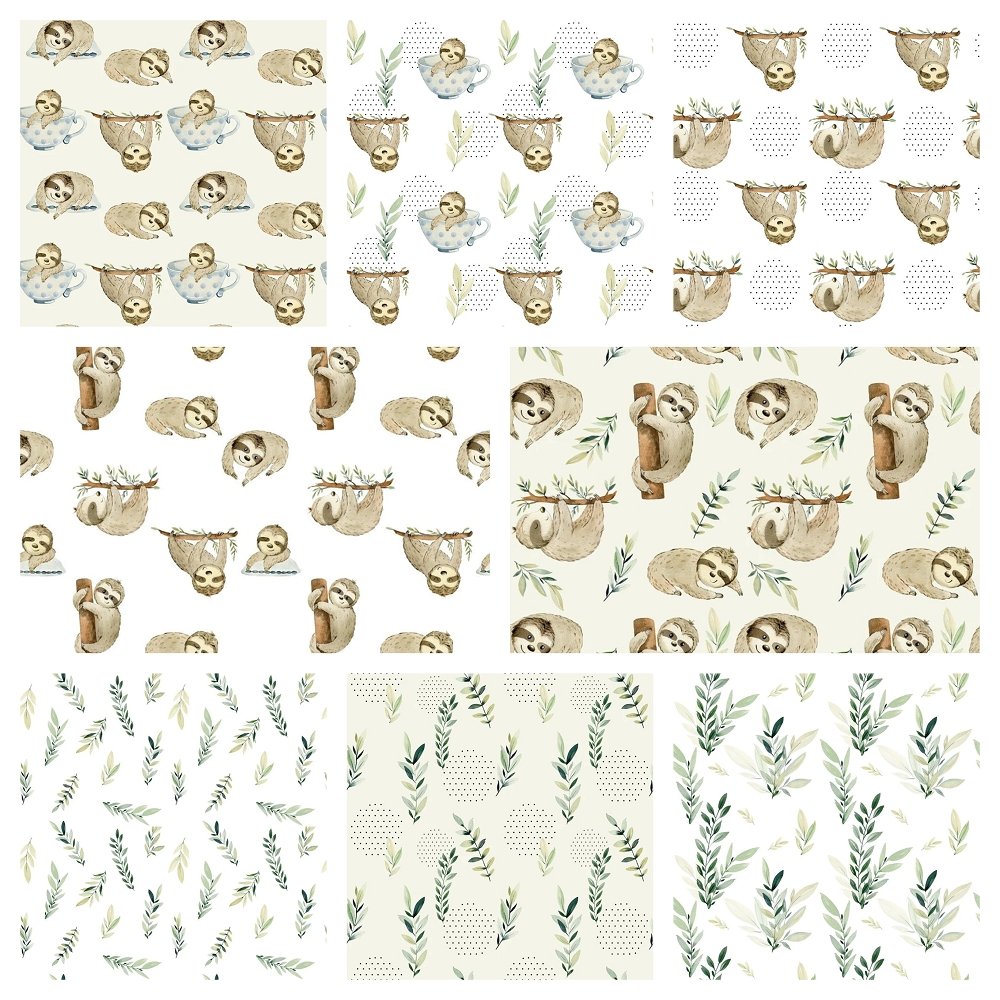 Watercolor Sloths Fabric Collection - 1/2 Yard Bundle