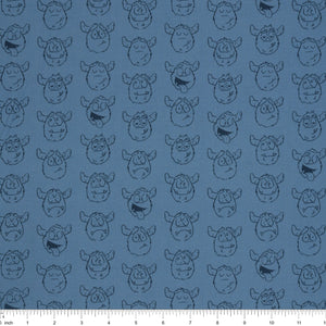 Yeti-tude Blue fabric with rows of expressive yeti faces outlined in navy on a muted blue background with ruler for scale.