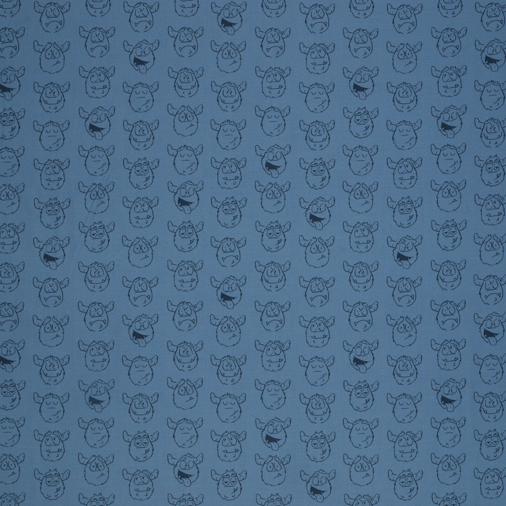 Yeti-tude Blue fabric with rows of expressive yeti faces outlined in navy on a muted blue background.