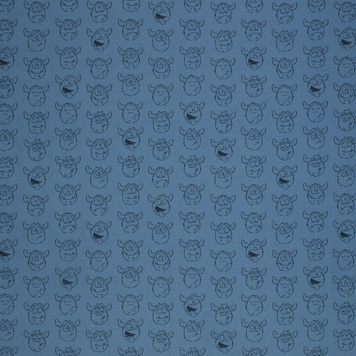 Yeti-tude Blue fabric with rows of expressive yeti faces outlined in navy on a muted blue background.