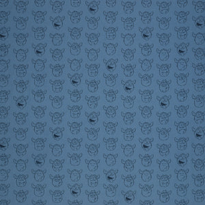 Yeti-tude Blue fabric with rows of expressive yeti faces outlined in navy on a muted blue background.