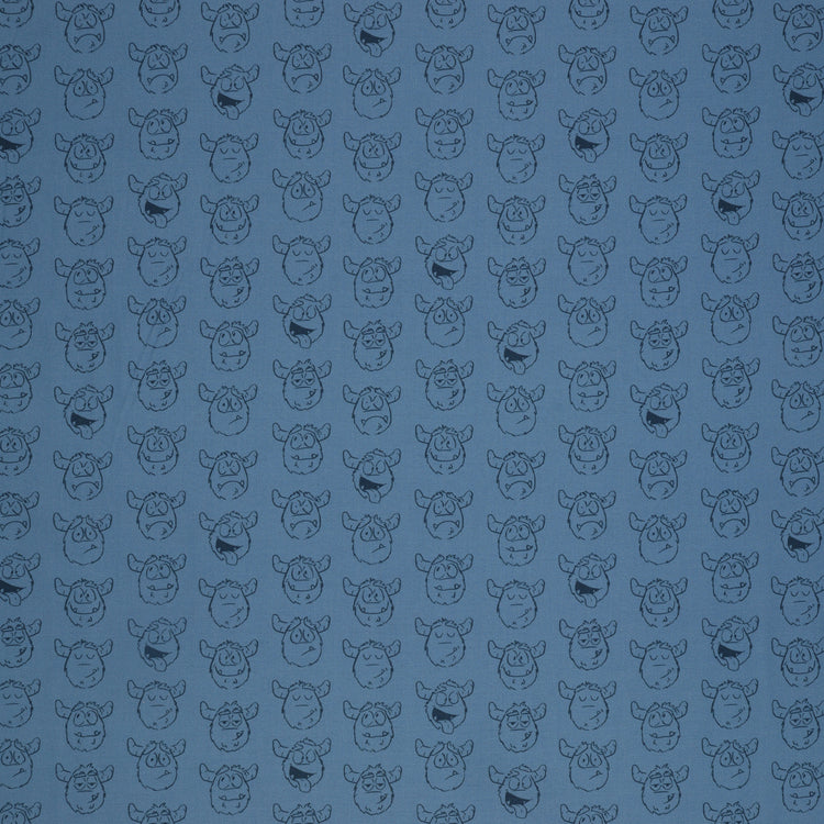 Yeti-tude Blue fabric with rows of expressive yeti faces outlined in navy on a muted blue background.