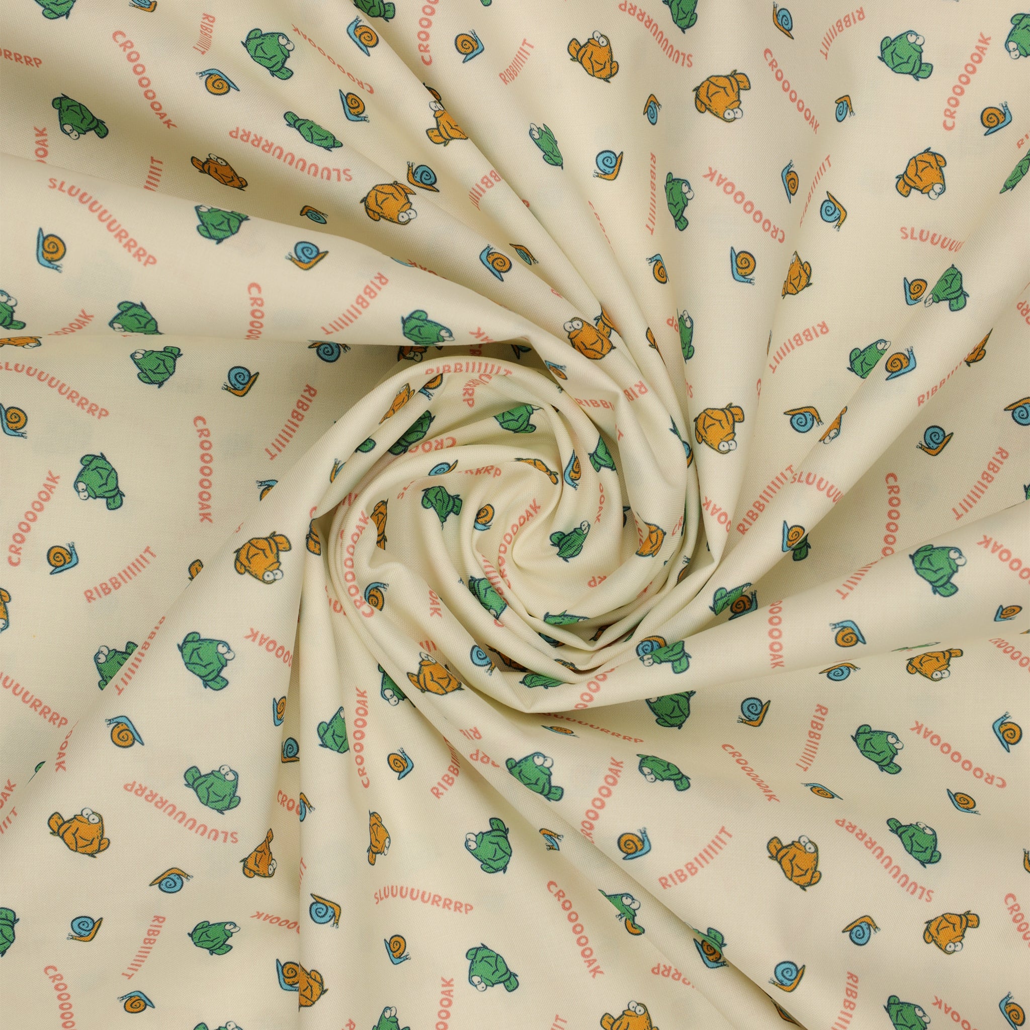 Toadally Chatty Cream fabric with green and yellow frogs, tiny snails, and coral sound words arranged in a swirl.