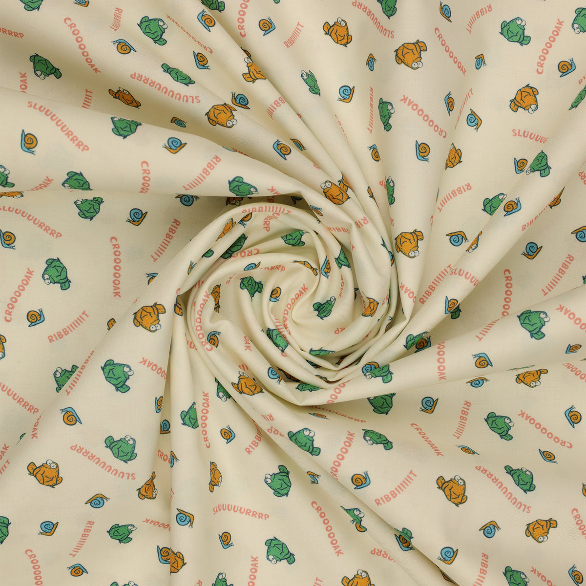 Toadally Chatty Cream fabric with green and yellow frogs, tiny snails, and coral sound words arranged in a swirl.