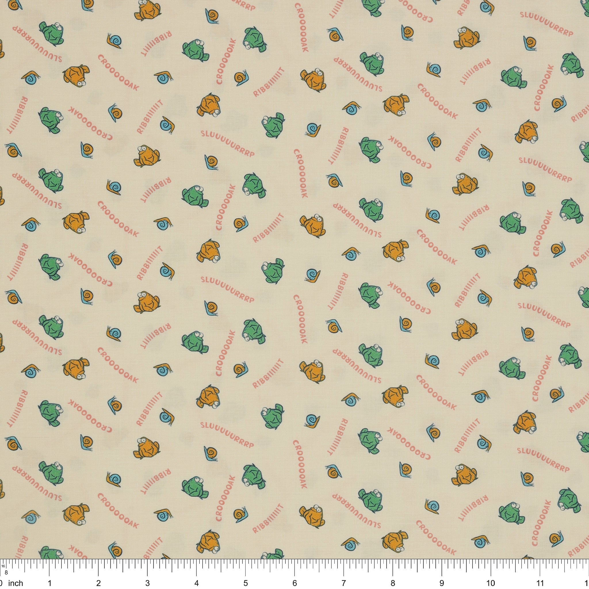Toadally Chatty Cream fabric with green and yellow frogs, tiny snails, and coral sound words with ruler for scale.