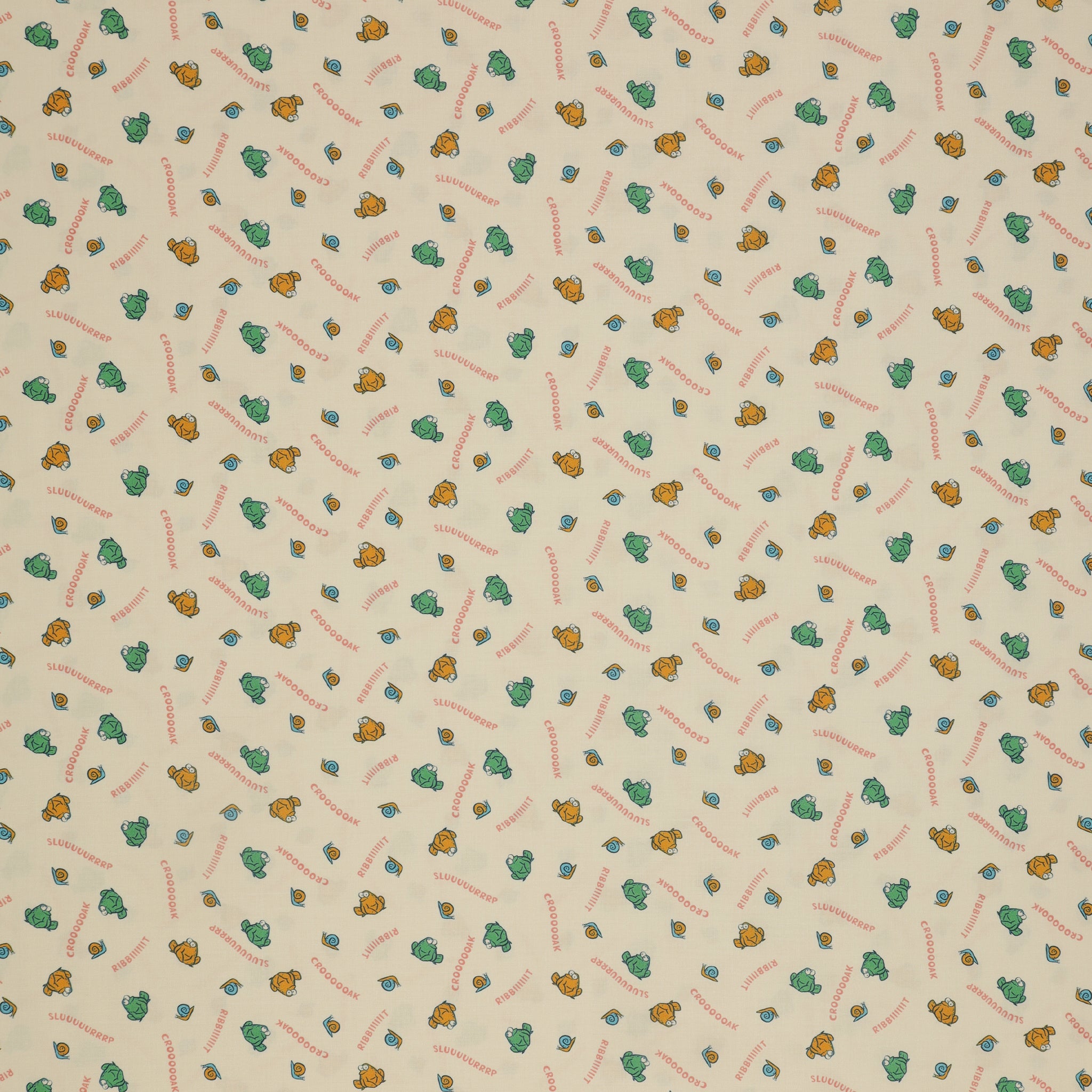 Toadally Chatty Cream fabric with green and yellow frogs, tiny snails, and coral sound words.