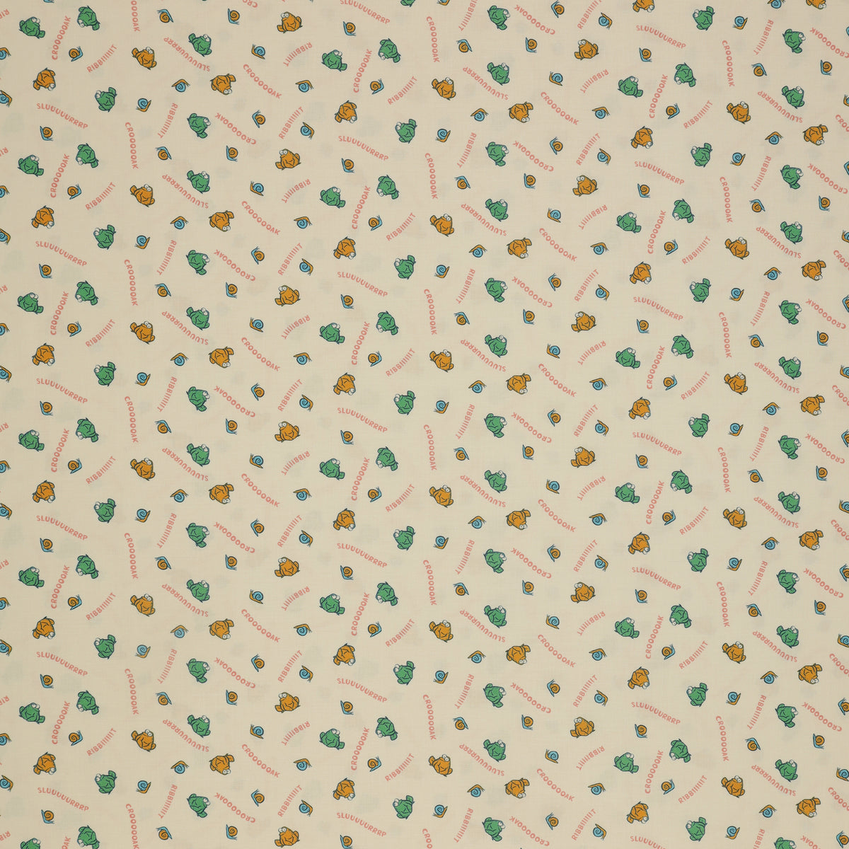 Toadally Chatty Cream fabric with green and yellow frogs, tiny snails, and coral sound words.