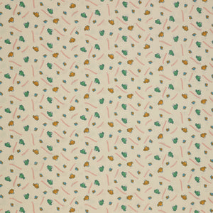 Toadally Chatty Cream fabric with green and yellow frogs, tiny snails, and coral sound words.