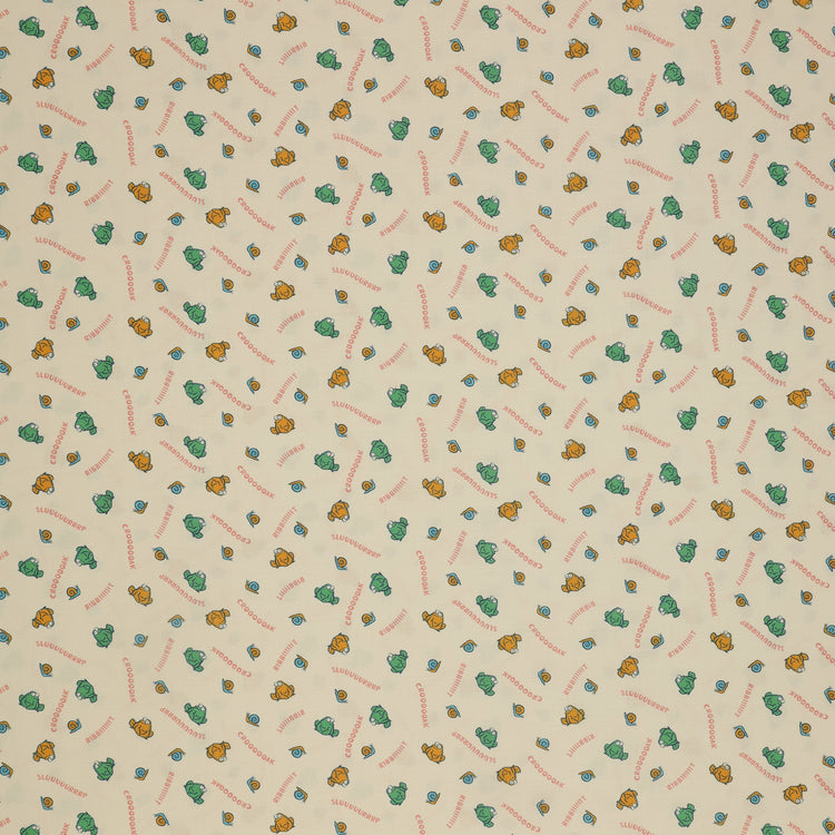 Toadally Chatty Cream fabric with green and yellow frogs, tiny snails, and coral sound words.